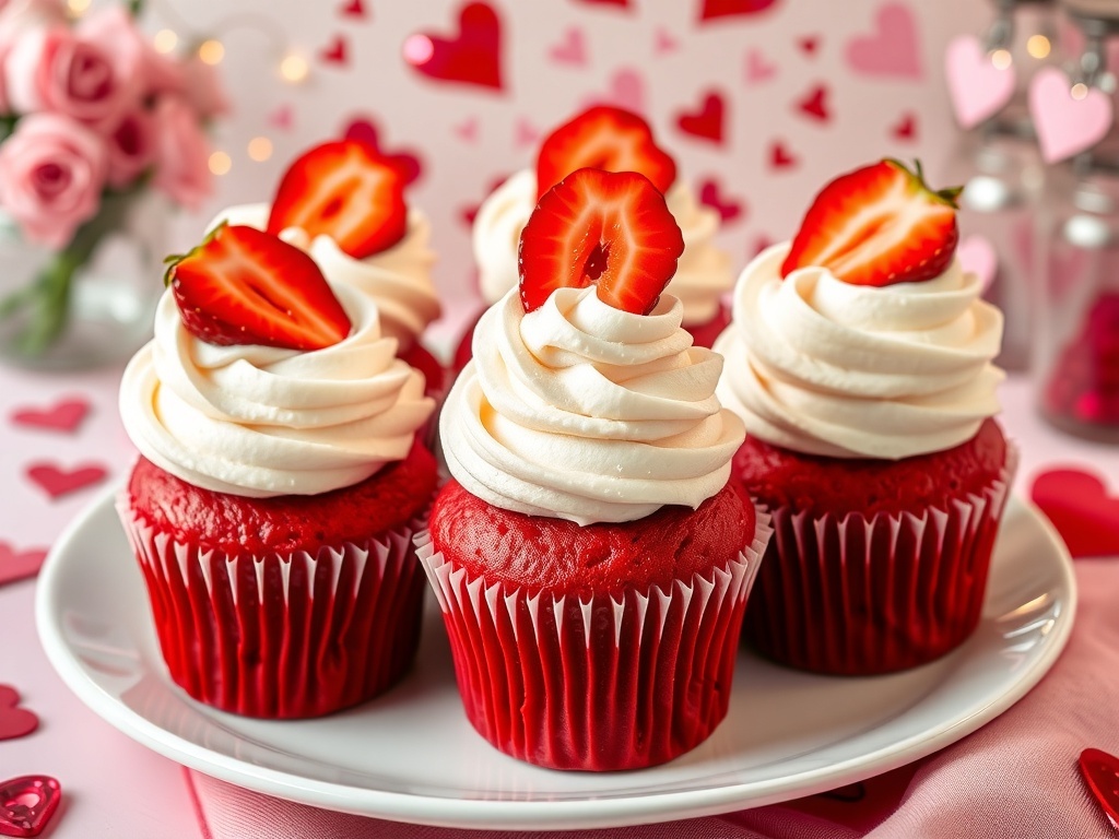 Gourmet red velvet strawberry shortcake cupcakes topped with whipped cream and strawberries on a decorative plate.